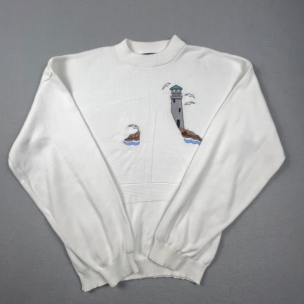 Sutter & Grant Knit Sweater Mens Medium White Lighthouse Nautical Vintage USA